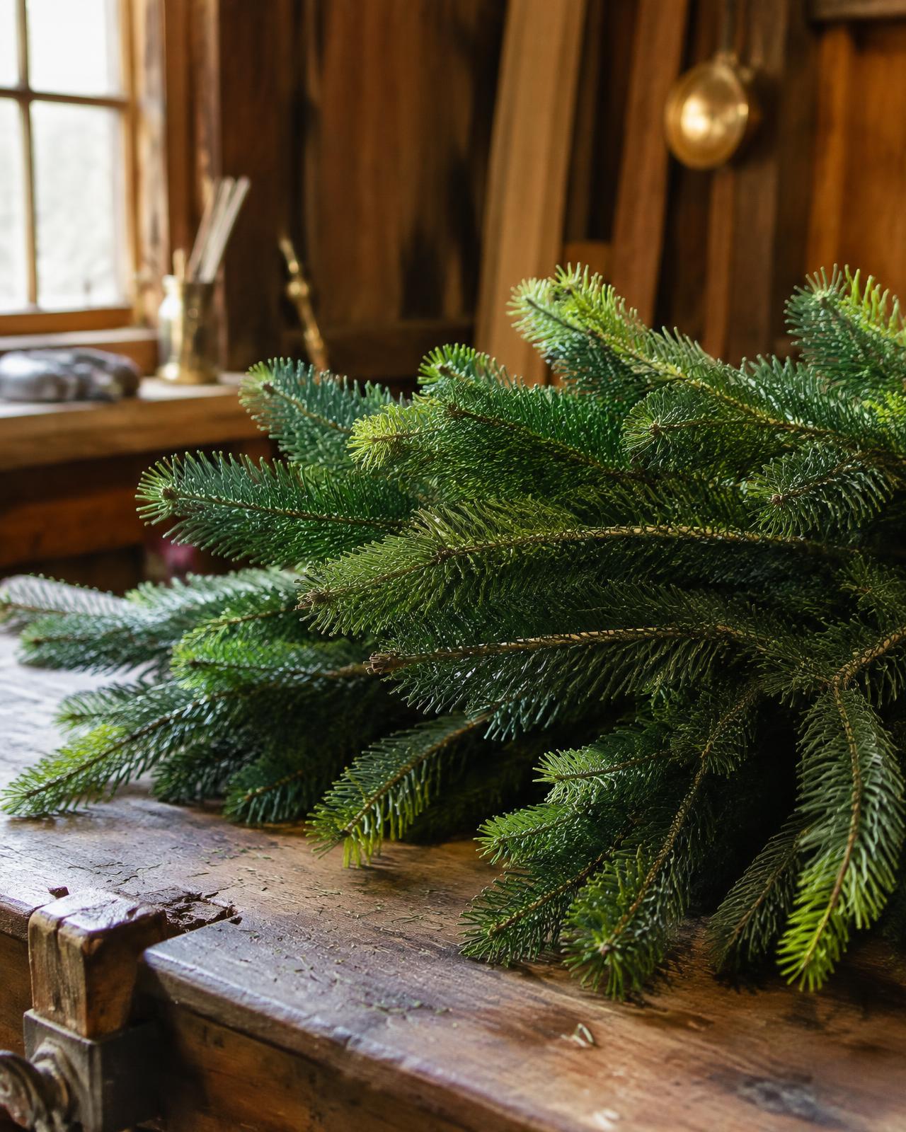Freshly cut balsam boughs on a workbench