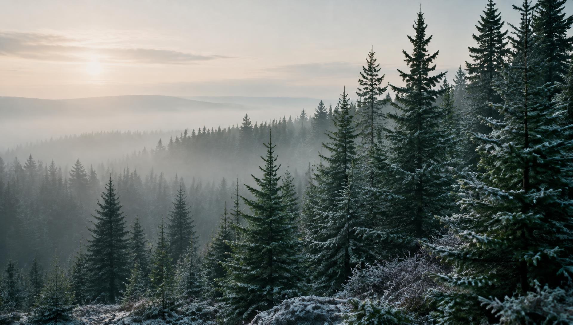 Misty balsam fir forest in western Maine at dawn